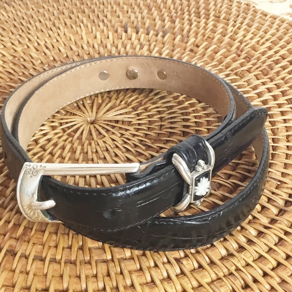 Brighton Black Floral Leather Belt Silver Size M L Womens